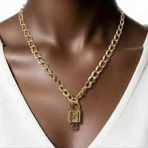 Authentic Louis Vuitton Gold Padlock w/ Unbranded Fashion Stainless Steel Chain